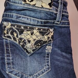 Miss Me Blue Jeans with Black and Cream Embroidery